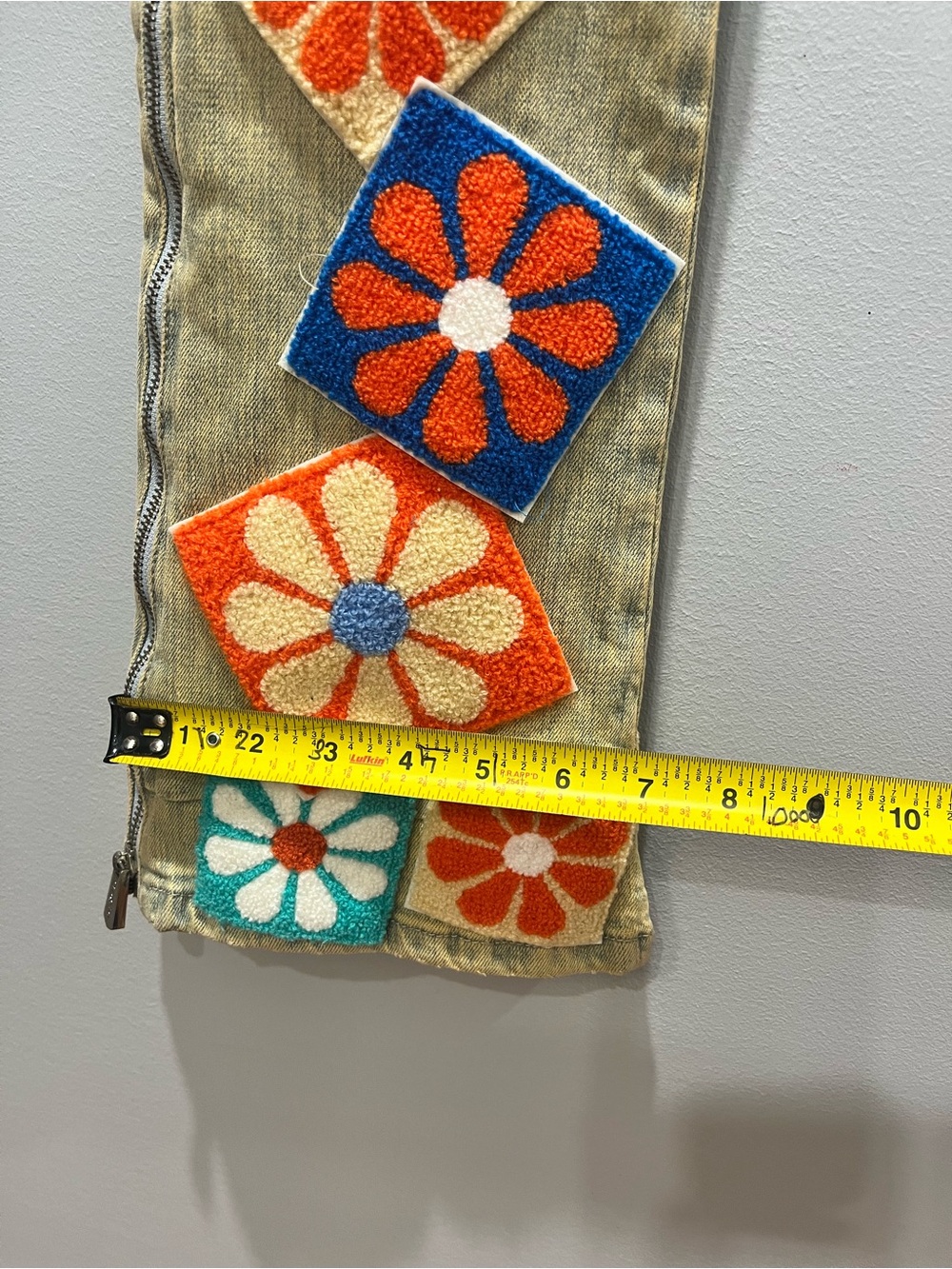 GUAPI Vintage Flowers Denim Stacked Jeans Men’s Size 34 Khaki Patchwork Flared - Picture 16 of 16